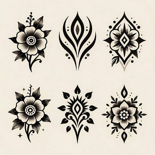 Black and white tattoo-style floral designs, six unique patterns with intricate details and sharp contrasts, arranged in two rows.