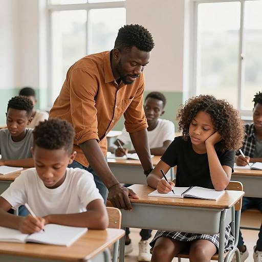 Teacher Assisting Students in Classroom