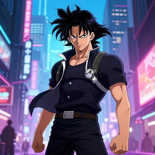 Anime-style digital artwork of a muscular, black-haired man with spiky hair, wearing a black shirt and pants, standing confidently in a neon-lit