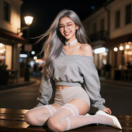 Young Woman Posing on Urban Bench at Night
