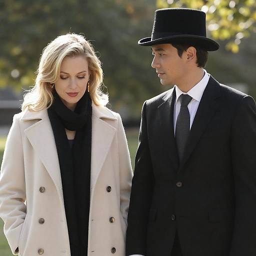 Photograph of a blonde woman in a white coat and black scarf, standing beside a man in a black suit and top hat, looking at each other