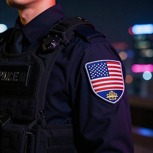 Photograph of a male police officer in a black uniform with a visible American flag patch on the shoulder, night city background with colorful blurred lights.