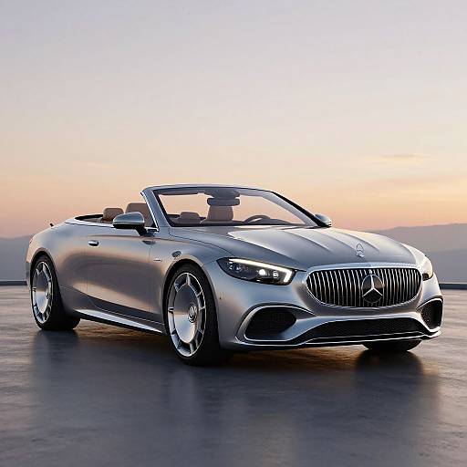Photograph of a sleek, silver Rolls-Royce Wraith convertible with its top down, set against a sunset sky, on a smooth, reflective
