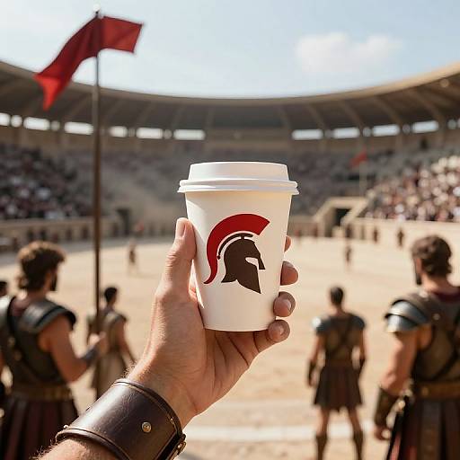 Photograph: Hand holding white coffee cup with red Spartan helmet logo, foreground; blurred ancient gladiator arena with armed warriors and red flag, background.
