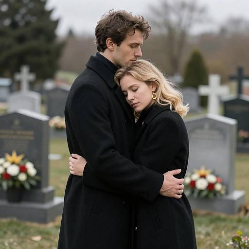Couple's Somber Embrace at Cemetery