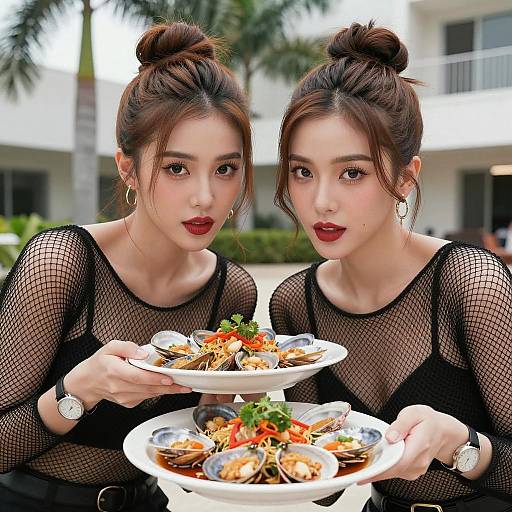 Elegant Asian Women with Seafood Dishes