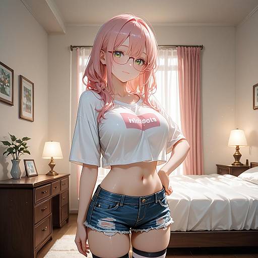 Anime Girl with Pink Hair in Bedroom