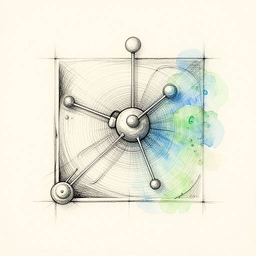 Digital illustration of a geometric, wireframe molecule with connected spheres, transitioning from black and white to blue and green watercolor on the right side.
