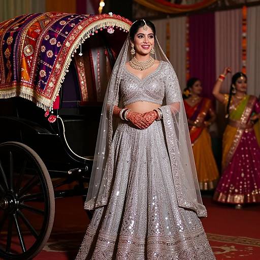 Photograph of a beautiful Indian bride in a sparkling silver lehenga with a transparent veil, standing in front of a decorated horse-drawn carriage, surrounded