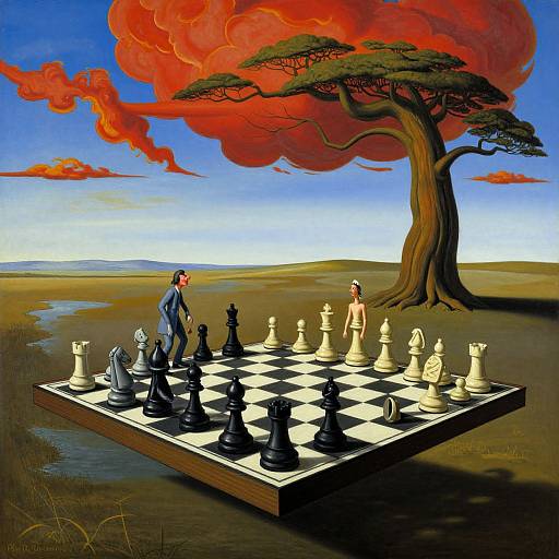 Surreal painting: A man in blue suit plays chess against a nude woman under a fiery red tree against a blue sky.