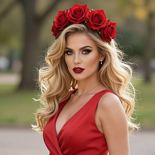 Photograph of a blonde woman with wavy hair, wearing a red dress and red rose headband, with bold red lipstick, in a blurred park