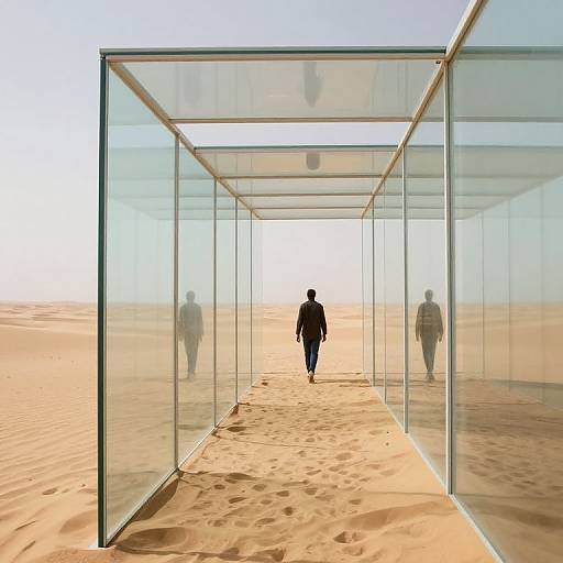 Photorealistic CGI: Silhouetted man walks through glass-walled tunnel in desert, flanked by mirrored reflections of two other figures. Sandy