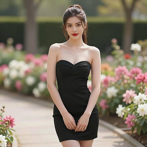 Elegant Woman in Black Dress in Garden