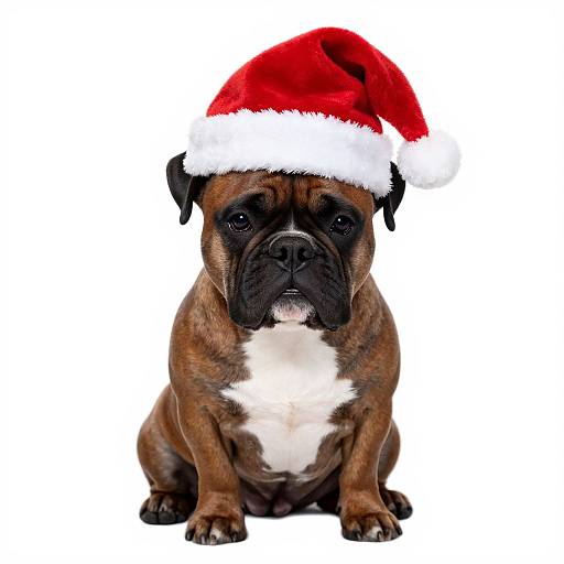 Photograph of a brown and white brachycephalic dog wearing a red and white Santa hat, sitting against a plain white background.