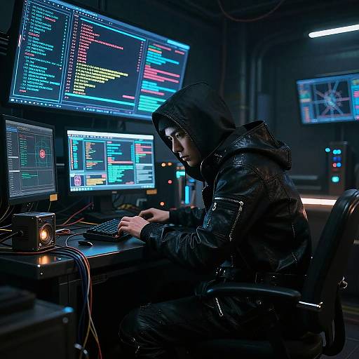 Cyberpunk Hacker in Underground Lair