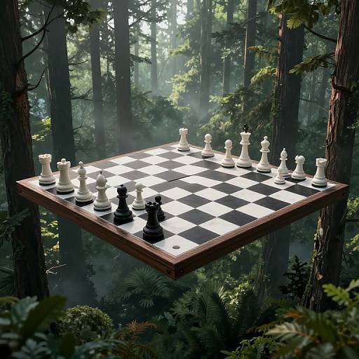 Photorealistic CGI of a floating chessboard with black and white pieces in a misty, sunlit forest, surrounded by tall trees and lush green
