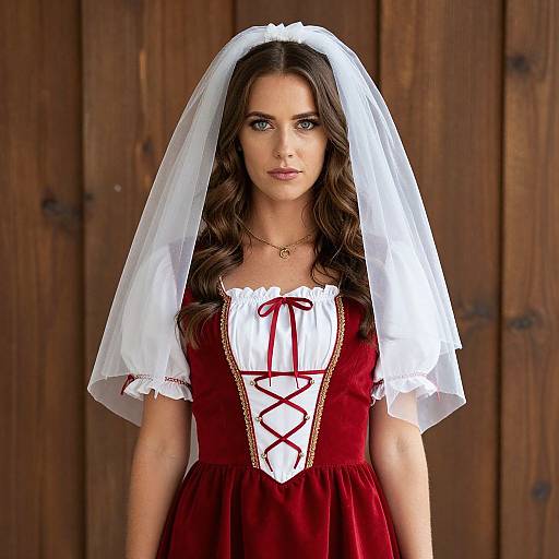 Photograph of a young woman with long brown hair, wearing a red velvet dress with white lace and red ribbon, white veil, standing against a wooden