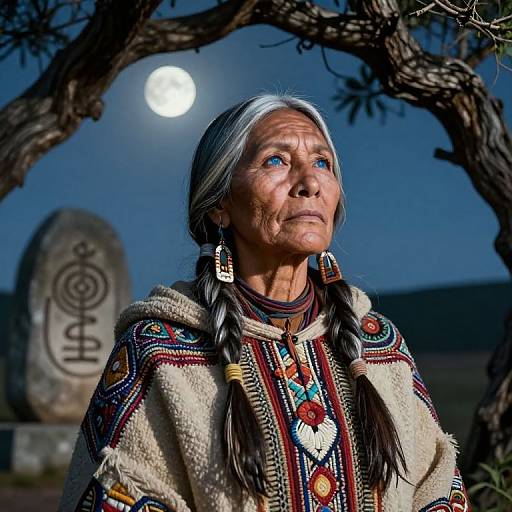 Photograph of elderly Indigenous woman with gray hair in braids, wearing traditional patterned garment and earrings, gazing at full moon under tree, with