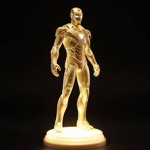Photograph of a glowing, golden metallic Iron Man statue standing on a base, illuminated against a black background.