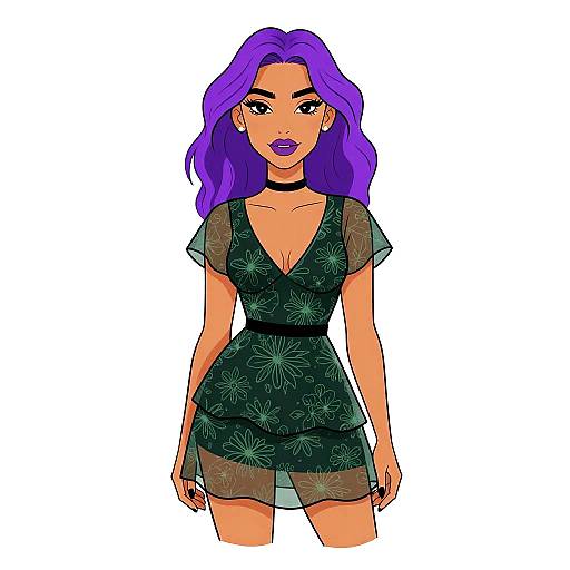 Digital illustration of a woman with vibrant purple hair, wearing a black floral dress with sheer sleeves, and bold purple lipstick. White background.