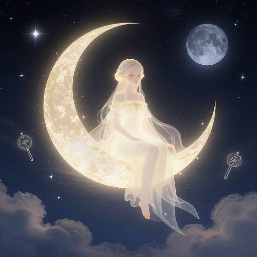 Digital art of a glowing, ethereal woman with long hair, floating on a luminous crescent moon, surrounded by a starry night sky and