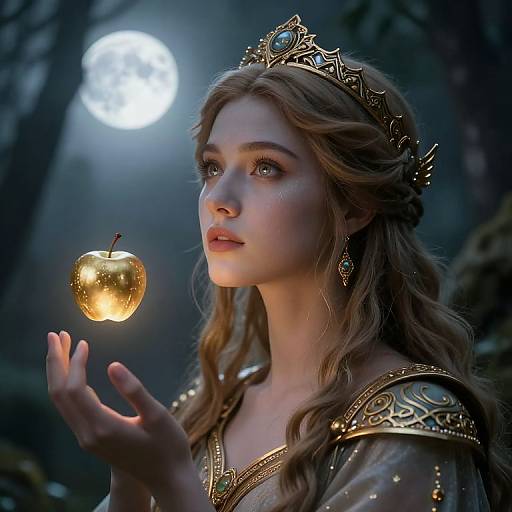 Digital artwork of a fair-skinned, blue-eyed princess with wavy brown hair, golden tiara, and ornate gown, holding a glowing apple