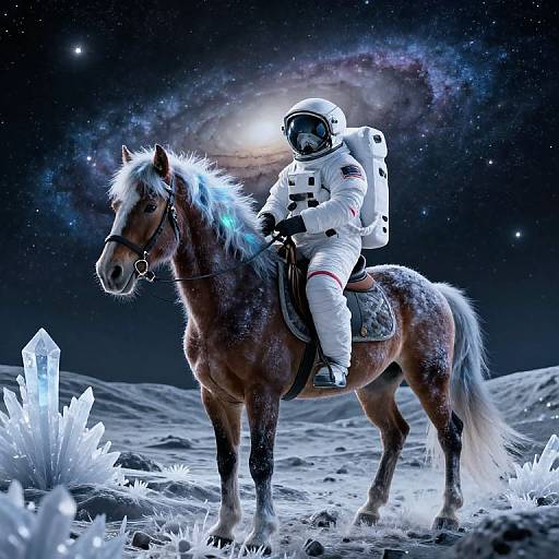 Digital artwork: Astronaut in white spacesuit rides a glowing, starry-maned horse on a moonlit, crystalline asteroid field with a galaxy