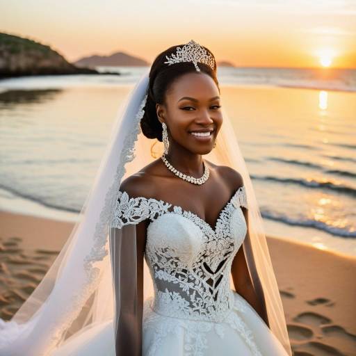 Smiling Bride in Lace Wedding Dress at Sunset Beach