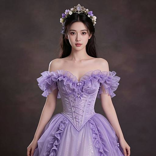 Photograph of an East Asian woman with fair skin, wearing a lavender off-shoulder ball gown with ruffles, a corseted bodice
