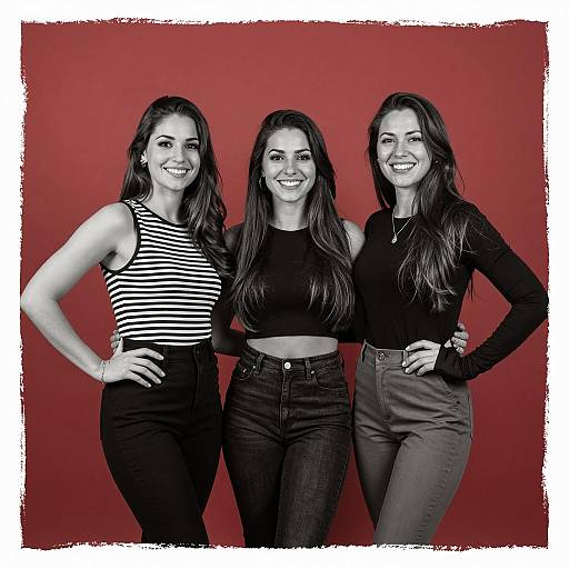 Three Women Smiling in High-Waisted Fashion