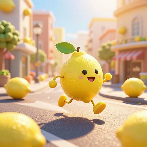 CGI image of a cheerful, yellow, cartoon lemon with arms and legs, jumping on a sunny, colorful street with other lemons.