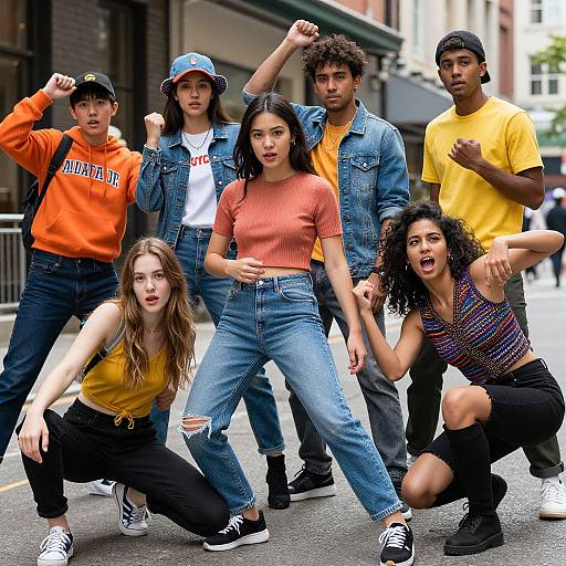 Photograph of diverse group of young adults in streetwear, striking dynamic poses on urban street, wearing bright colors and denim.
