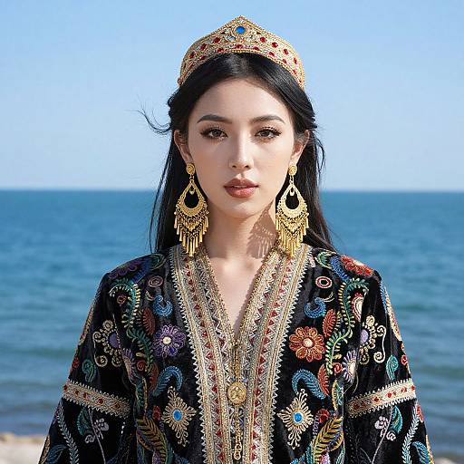 Photograph of an East Asian woman with long black hair, wearing an ornate gold headpiece, large gold earrings, and a black floral embroidered traditional