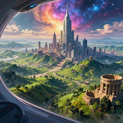 Digitally illustrated futuristic cityscape viewed through a circular window, featuring a towering skyscraper amidst lush green hills under a vibrant, starry sky. Ancient