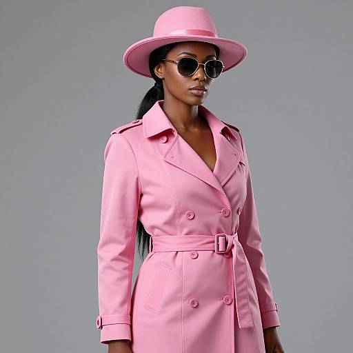 Photograph of a confident black woman in a bright pink trench coat and matching hat, wearing round sunglasses, against a gray background.