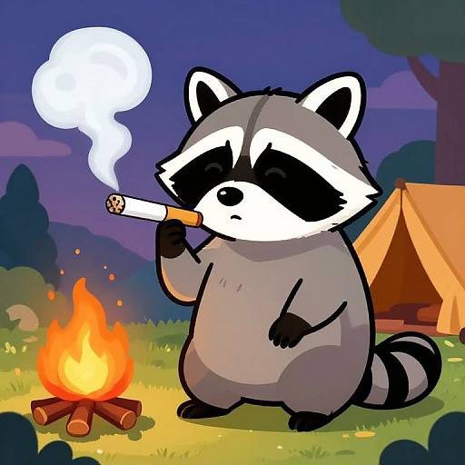 Cartoon raccoon with gray fur, black mask, and white stripes stands by a campfire, smoking a cigar, near a yellow tent at night