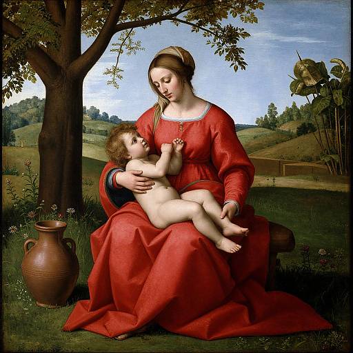 Renaissance painting of a serene Madonna in a red dress, cradling a nude, curly-haired infant under a tree, with a clay pot