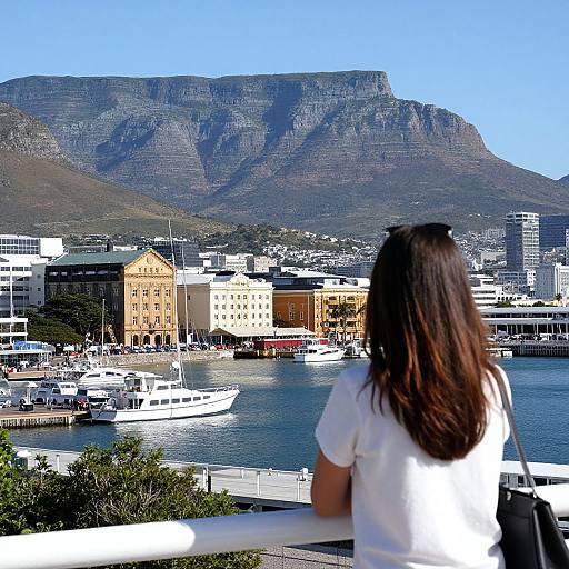 Photograph of a woman with long brown hair in a white top, overlooking a harbor with boats and buildings, with a mountainous landscape in the background