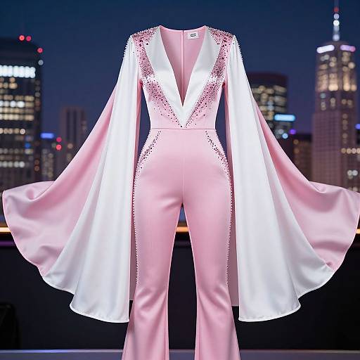 Photograph of a pink satin jumpsuit with white, lace-trimmed long sleeves, deep V-neck, against a nighttime city skyline backdrop.
