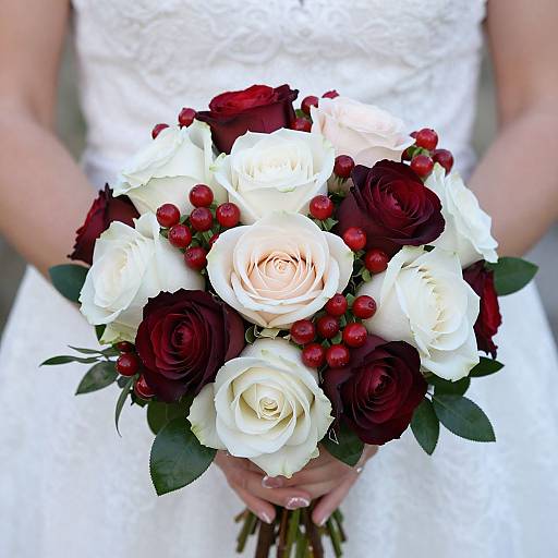 Photograph of a bride's hands holding a bouquet of white and deep red roses with red berries, against a white lace dress.