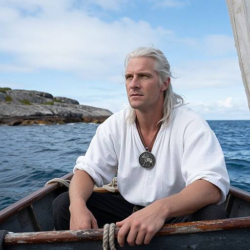 Photograph of a white-haired, middle-aged man with a serious expression, wearing a white shirt and silver pendant, seated in a wooden boat on a