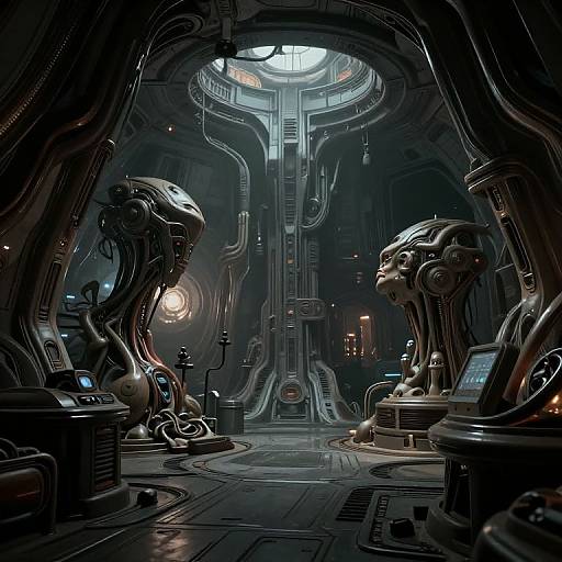 Sci-fi digital artwork of a dimly lit, futuristic control room with two humanoid robotic creatures facing each other, surrounded by intricate machinery and illuminated panels.