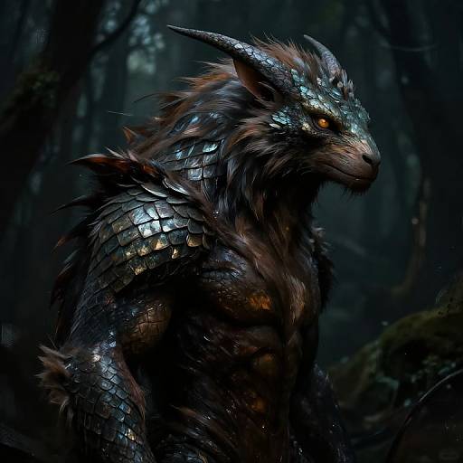 Digital fantasy art: A dark, glowing-eyed, dragon-like creature with metallic scales and brown fur in a dense, shadowy forest.
