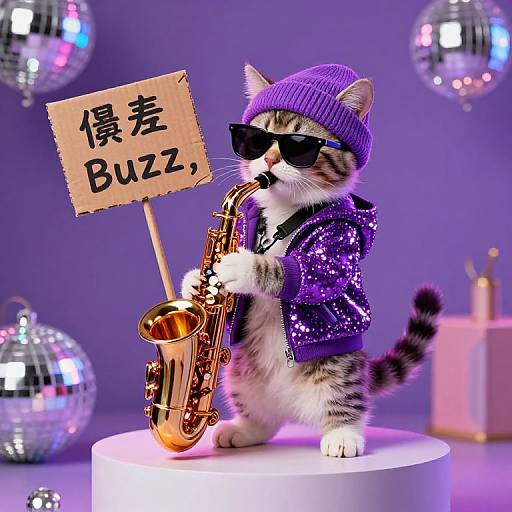 Kitten Saxophonist in Disco Lights