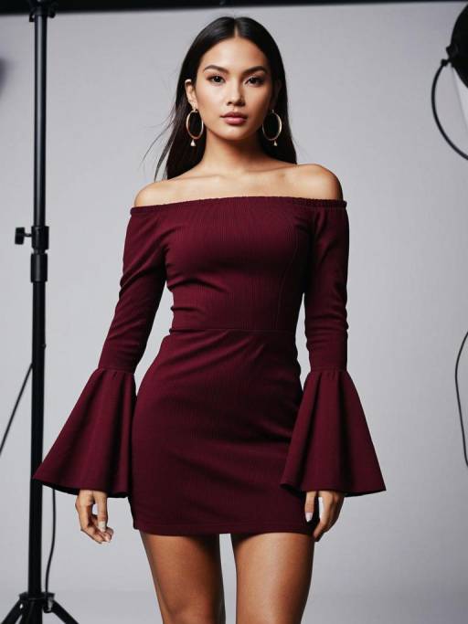Woman in Maroon Off-Shoulder Mini Dress