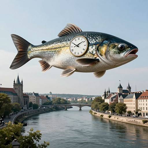 Surreal Fish with Clock Eye Above City