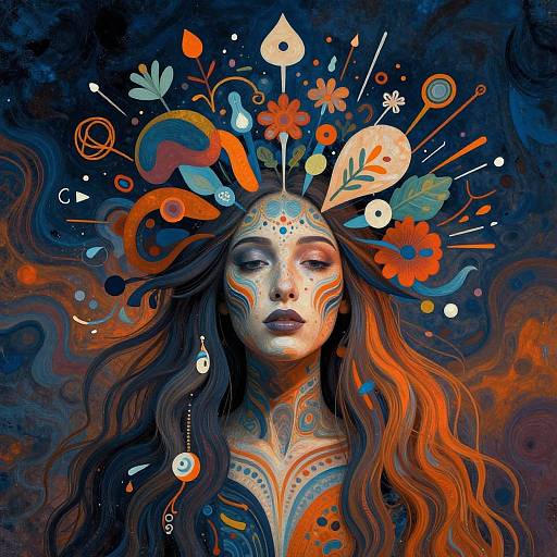 Digital artwork of a serene woman with long, wavy hair, adorned with vibrant, abstract floral and geometric patterns on her face and head, set against