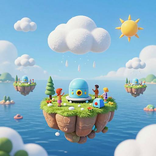 Digital art of a vibrant, whimsical floating island with colorful characters, a blue dome, and a bright, sunny sky with fluffy clouds.