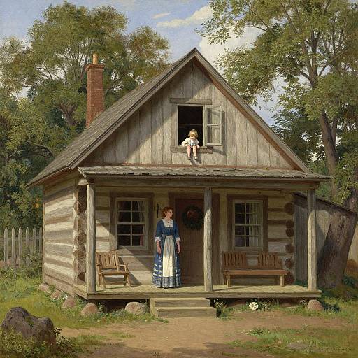 Photograph of a rustic wooden cabin with a woman in a blue dress standing on the porch, a child peering from the second-floor window, surrounded