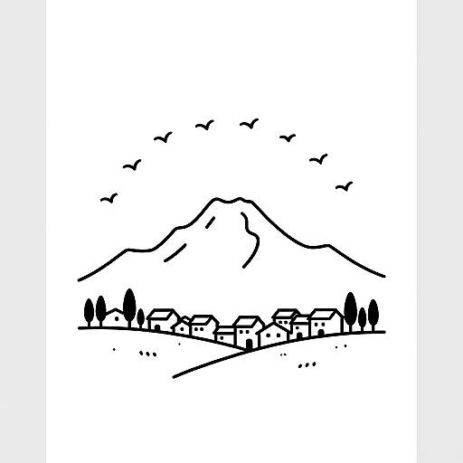 Minimalist Mountain Village Line Art